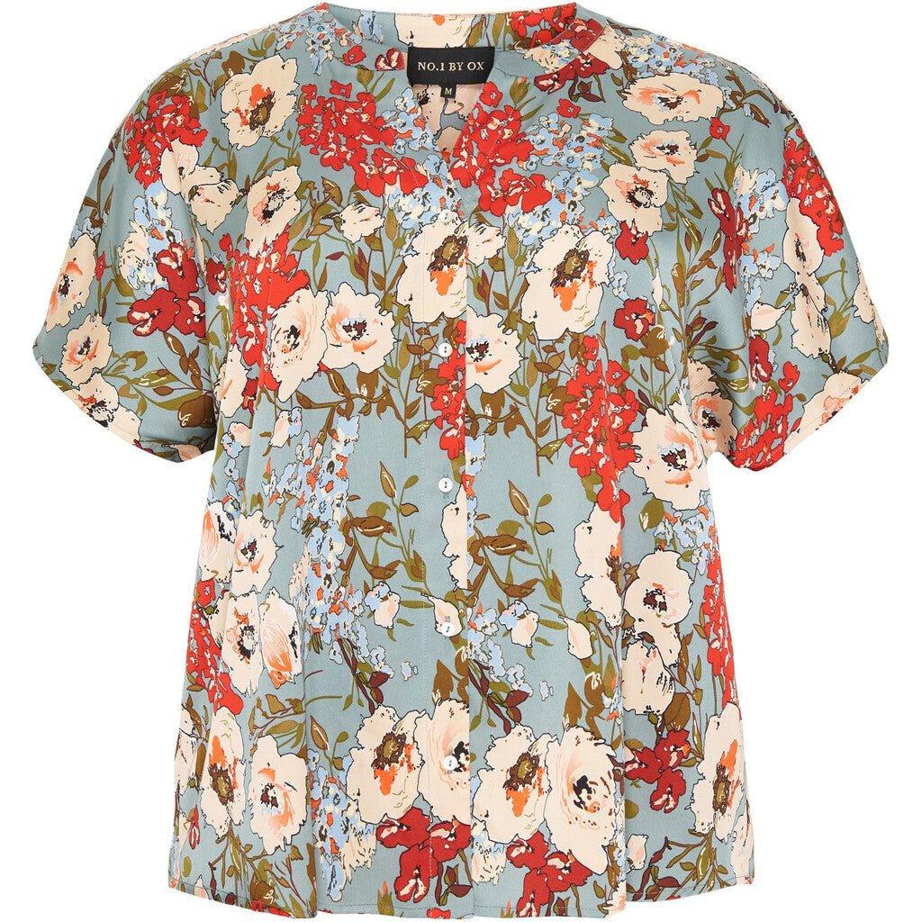Blouse with flowers blue/red/ecru - Evolve Fashion