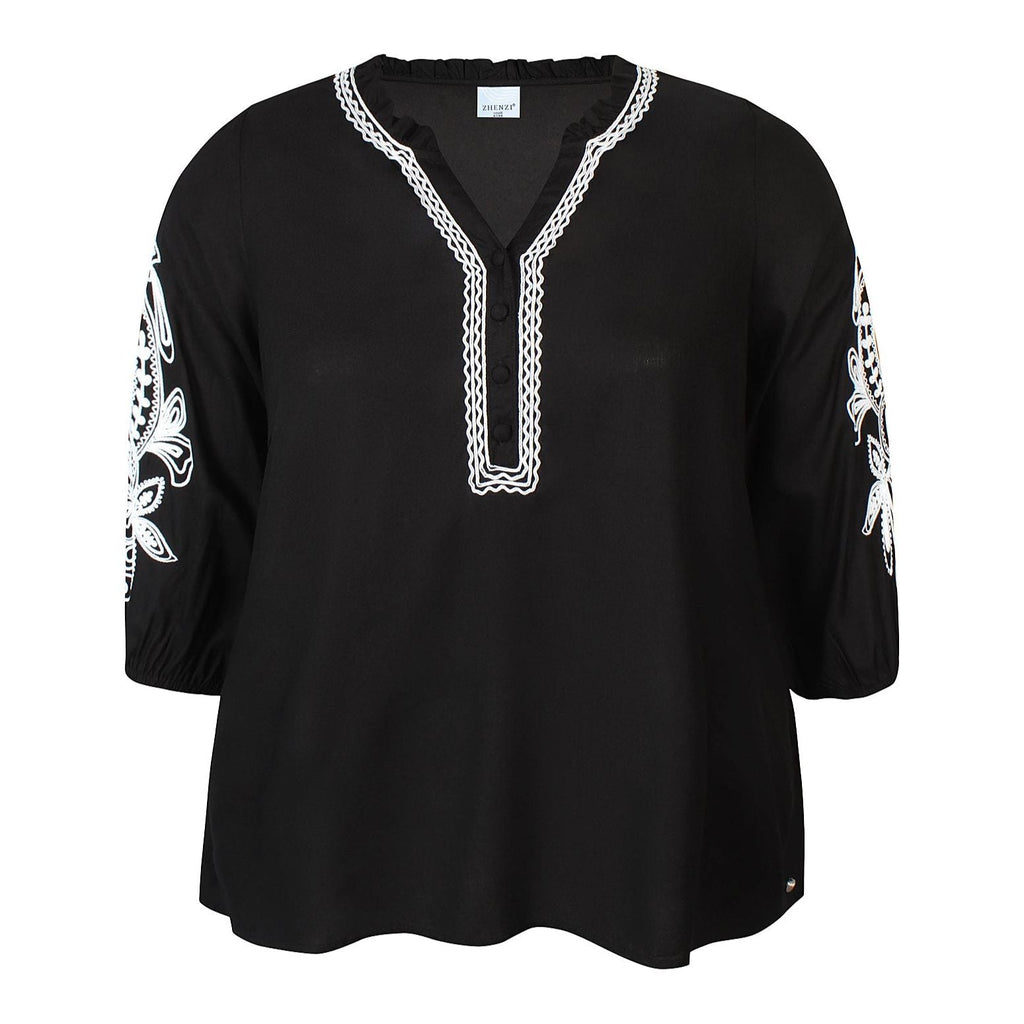 Blouse broderie sleeve black - Evolve Fashion