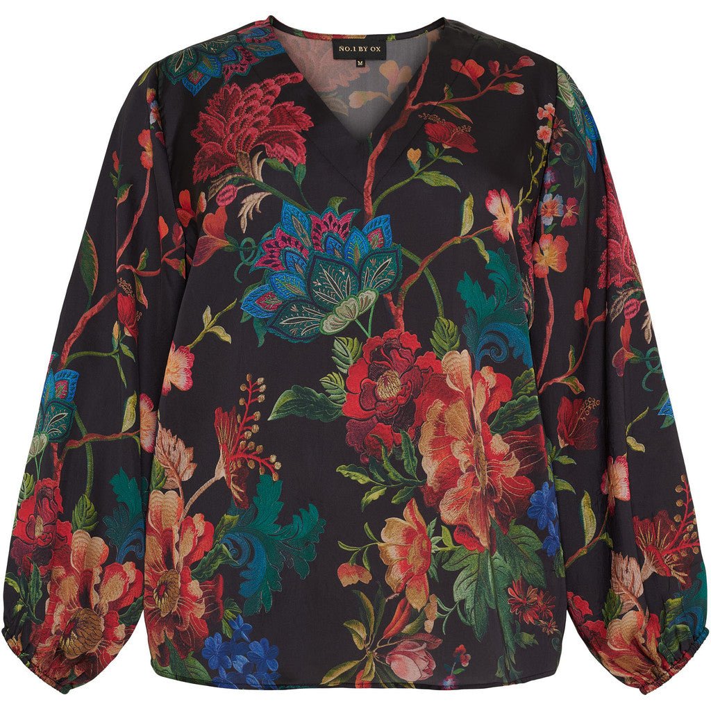 Blouse V - neck black w flowers - Evolve Fashion