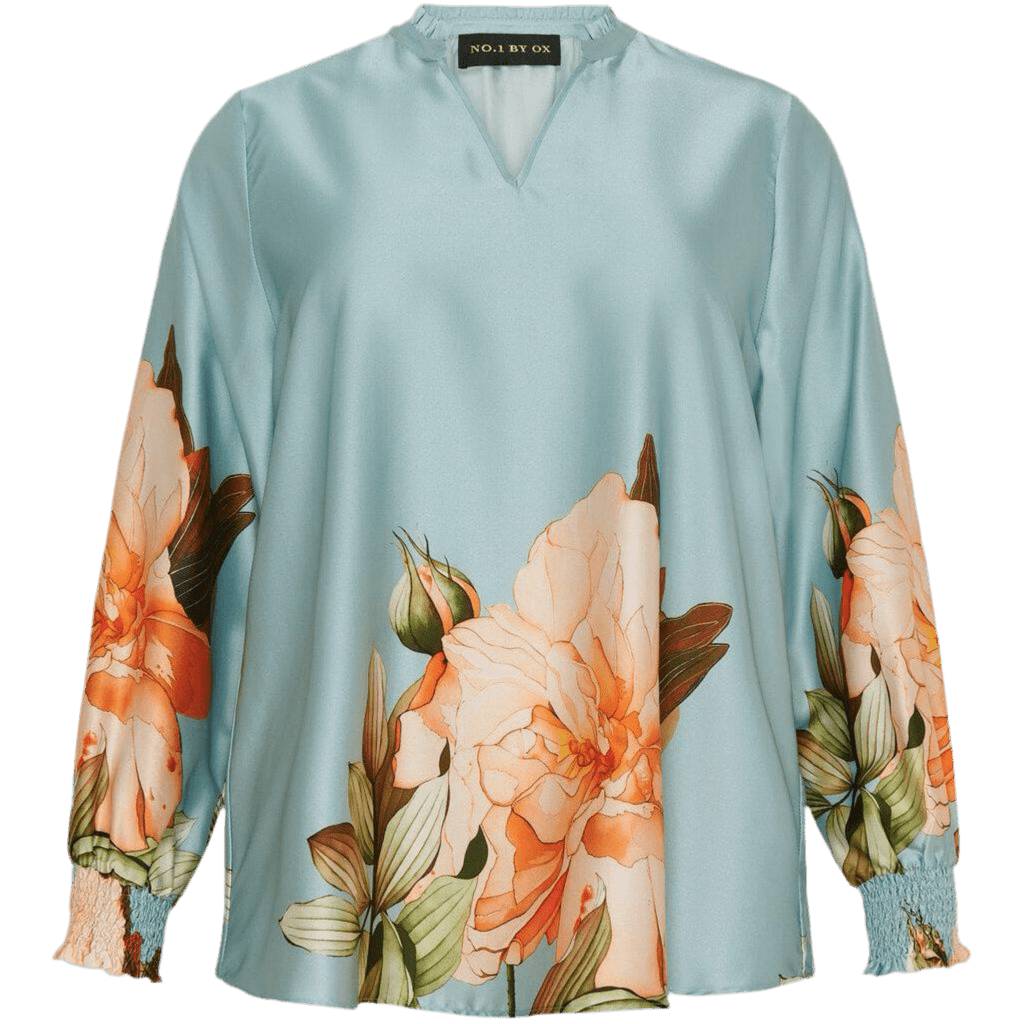 Blouse V neck LS Blue w Flower - Evolve Fashion