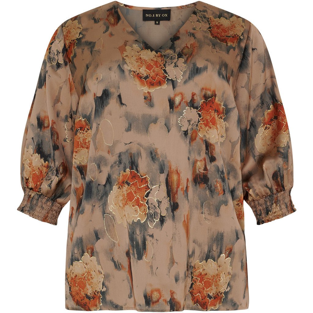 Blouse V - neck warm sand w apricot flowers - Evolve Fashion