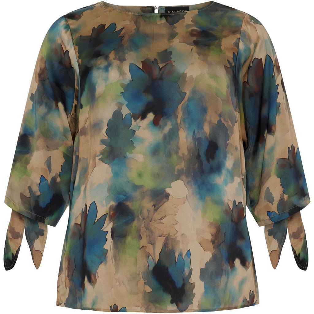 Blouse w 1/2 sl and tie cuffs Sand w flowers - Evolve Fashion