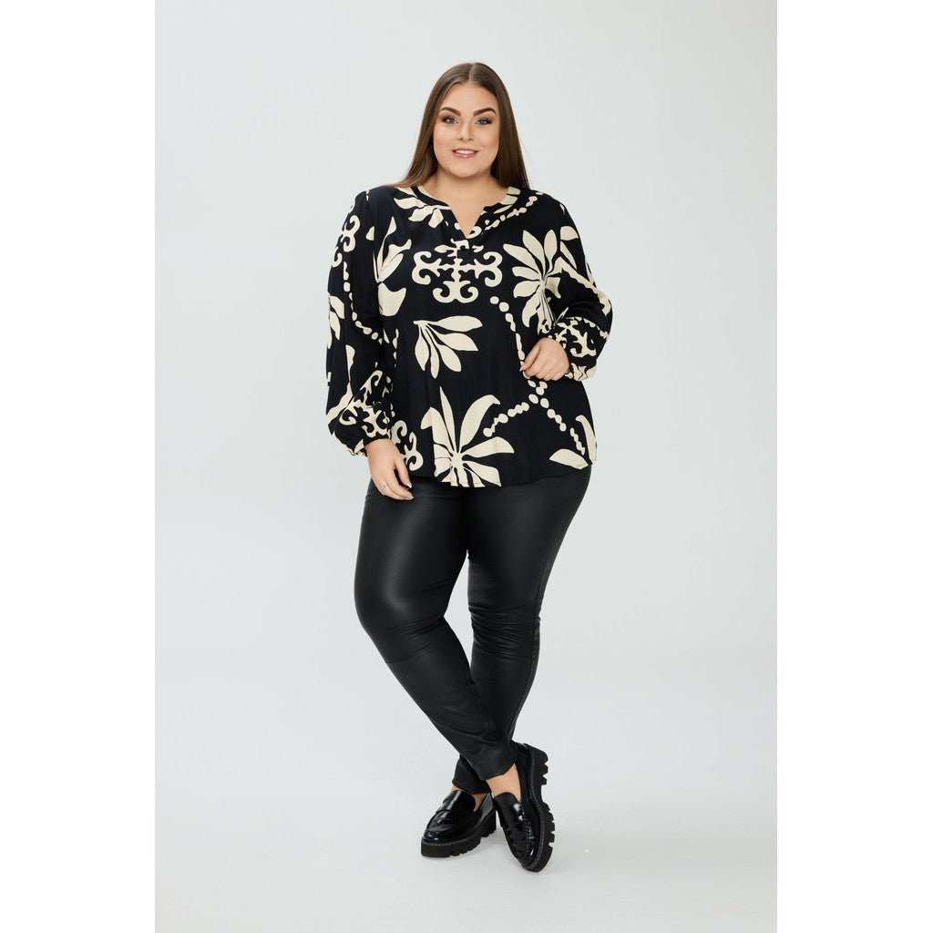 Blouse w LS black off white - Evolve Fashion