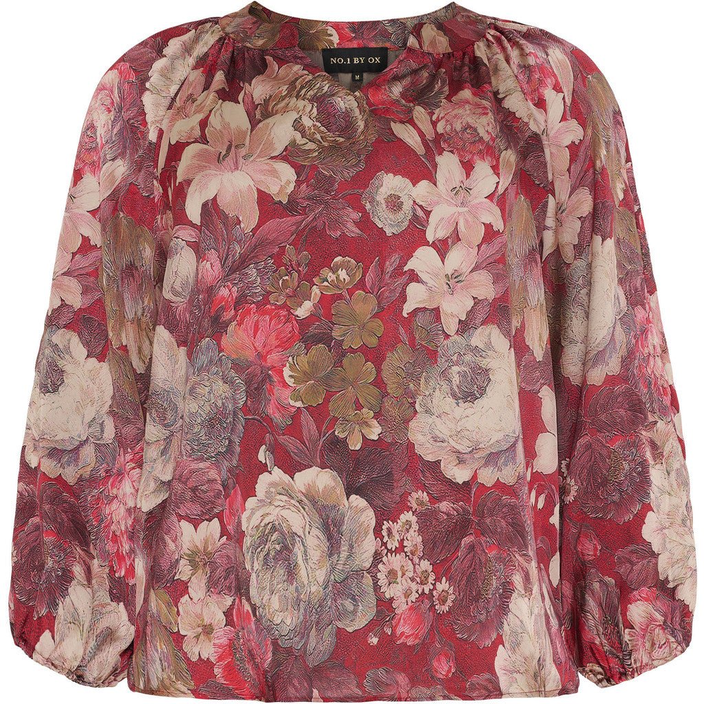Blouse w pleats and 3/4 sl Red w marmalade flowers - Evolve Fashion