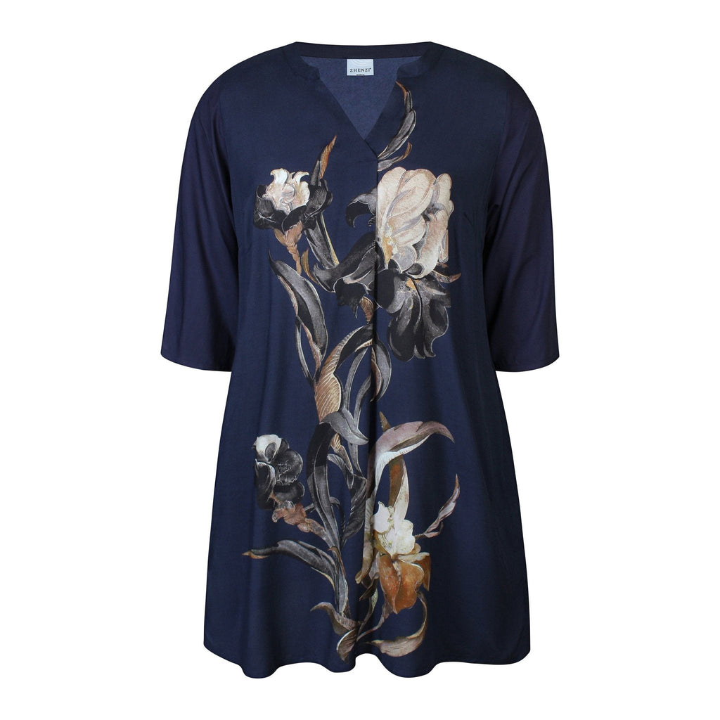 Dress flowers front print dark navy - Evolve Fashion