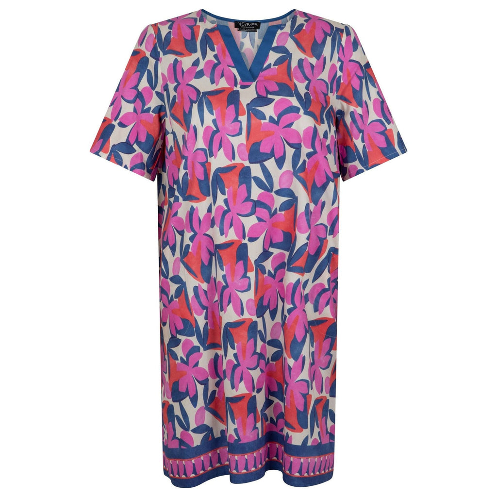 Dress V cotton stretch print pink/lavender - Evolve Fashion