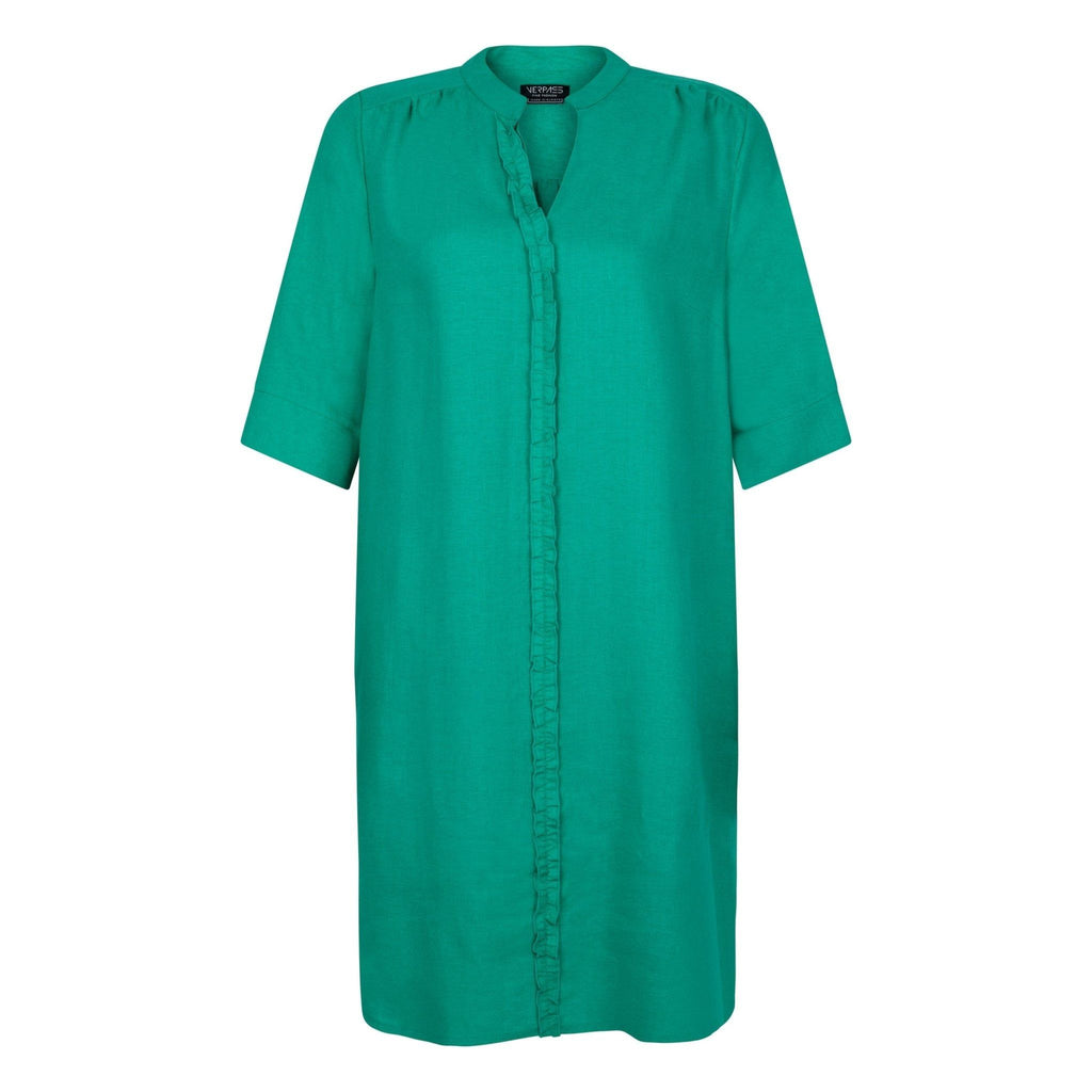 Dress V frills linen emerald - Evolve Fashion