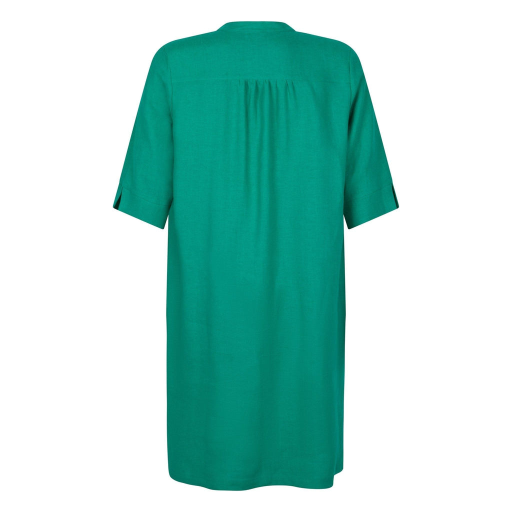Dress V frills linen emerald - Evolve Fashion