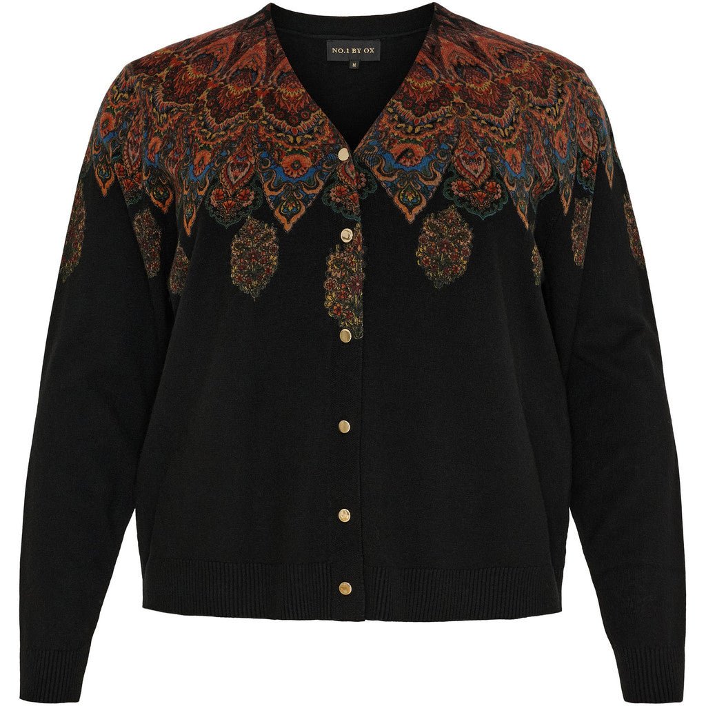 Knitted V - neck cardigan w print black - Evolve Fashion