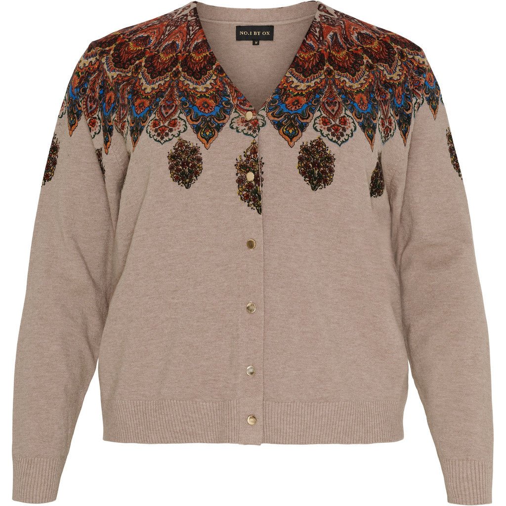 Knitted V - neck cardigan w print sand - Evolve Fashion