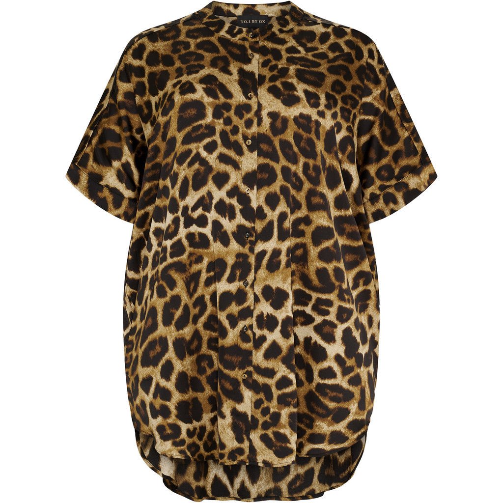 Long boxy blouse mock brown Leo print - Evolve Fashion