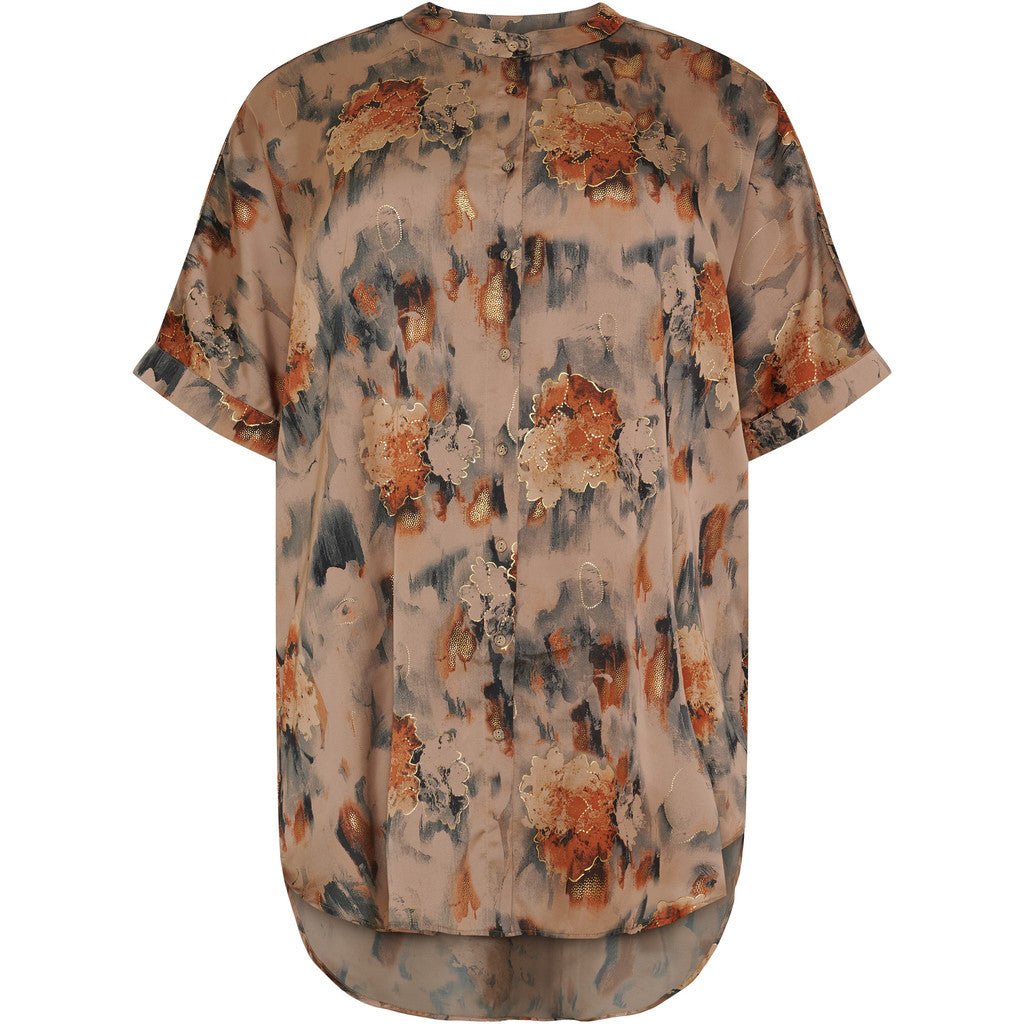 Long boxy blouse warm sand w apricot flowers - Evolve Fashion