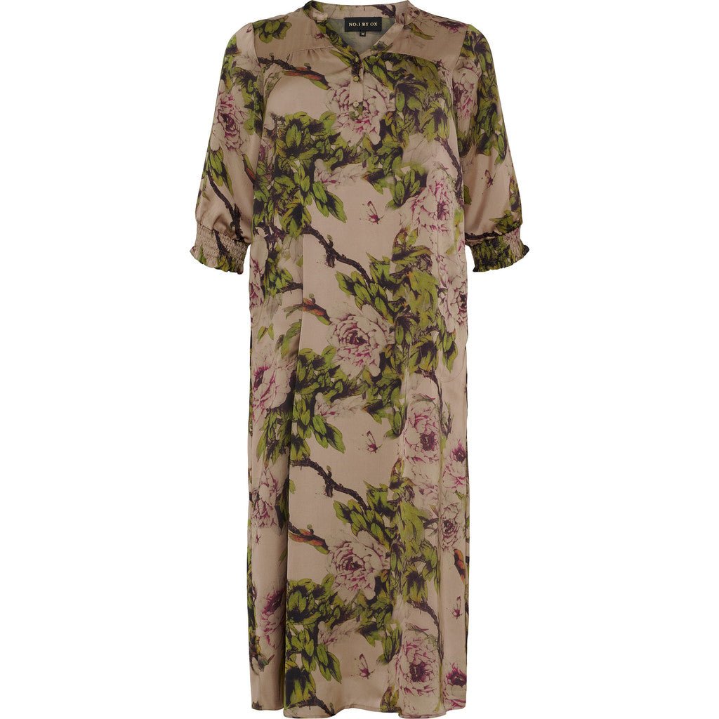 Long dress w 1/2 sl sand with blush print - Evolve Fashion