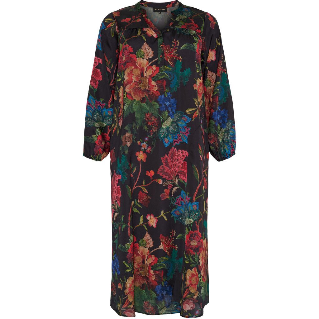 Long Dress w LS and elastic in cuffs black w flowers - Evolve Fashion