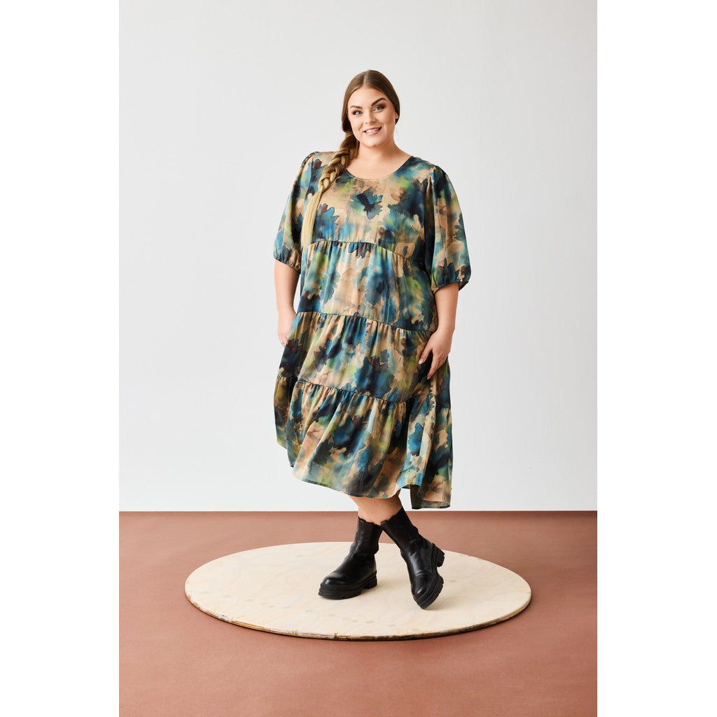 Long Flair dress w tie band sand with blue - Evolve Fashion