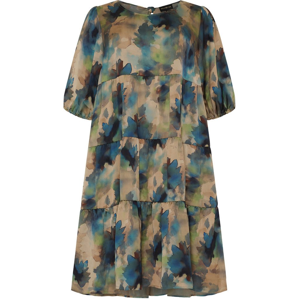 Long Flair dress w tie band sand with blue - Evolve Fashion