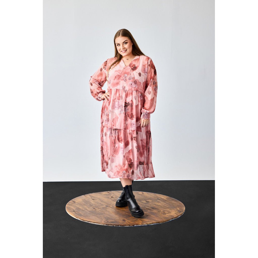 Long flair Dress w V neck and LS - Evolve Fashion