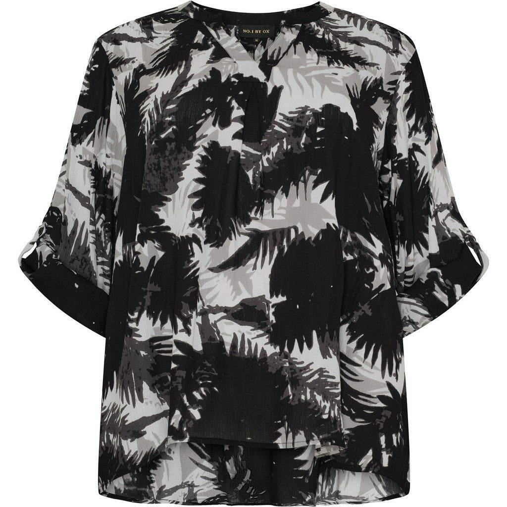 Loose V neck blouse black/grey flowers - Evolve Fashion