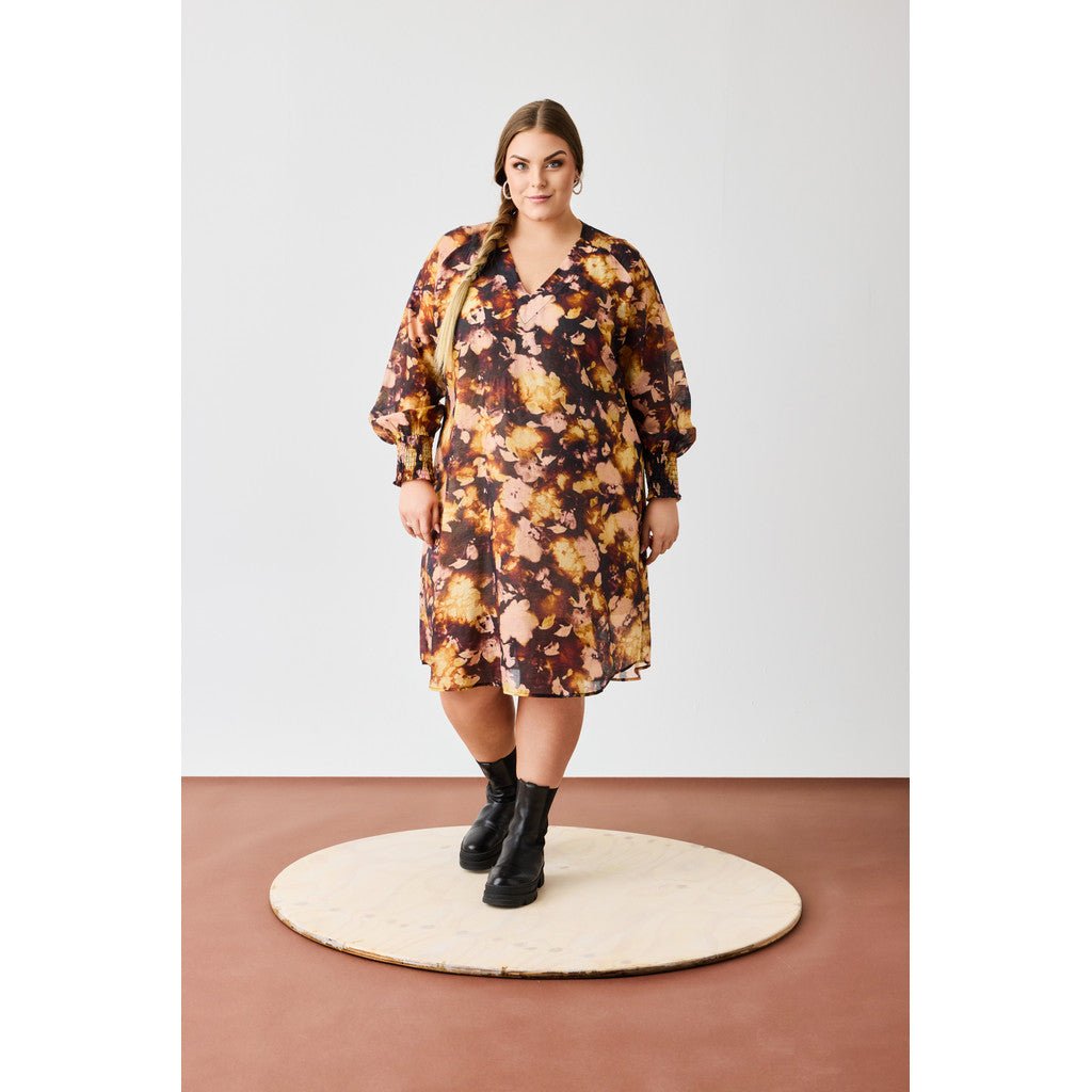 Loose V - neck dress black w cream Rose flowers - Evolve Fashion