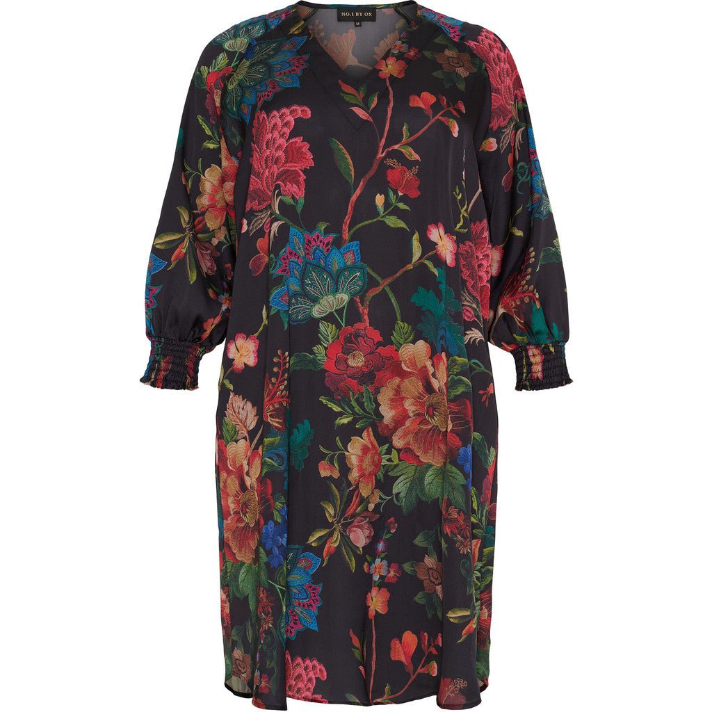 Loose V - neck dress black w flowers - Evolve Fashion