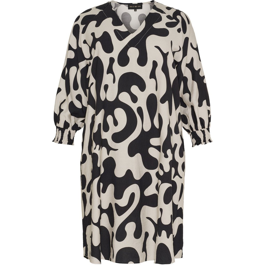 Loose V neck dress LS sand w black - Evolve Fashion