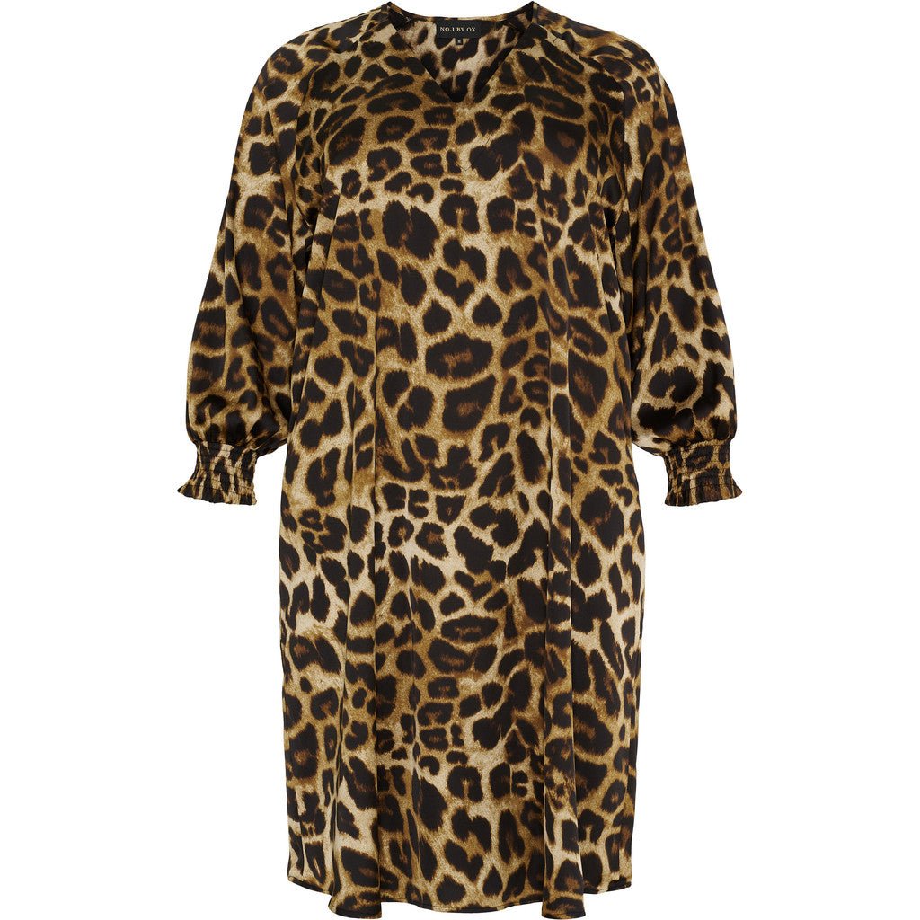 Loose V - neck dress Mocca brown Leo print - Evolve Fashion