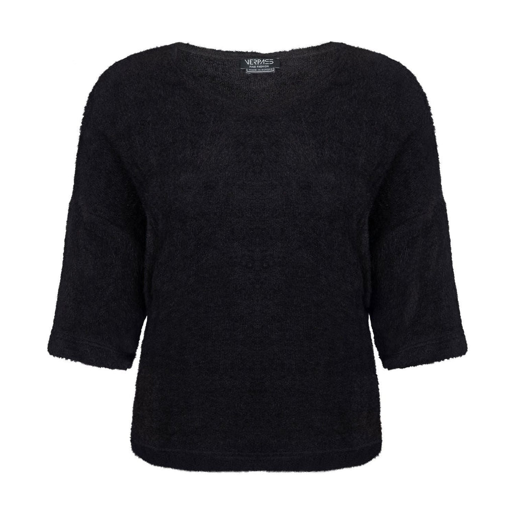 Pullover V 3/4 sl fluffy black - Evolve Fashion