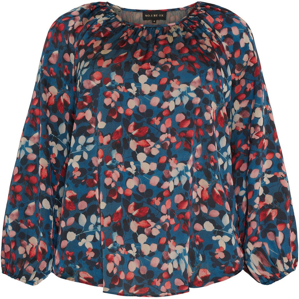 Raglan Blouse w long sl blue with flowers - Evolve Fashion