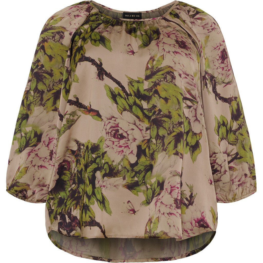 Raglan Blouse w wrinkles and 3/4 sl sand flower bush print - Evolve Fashion