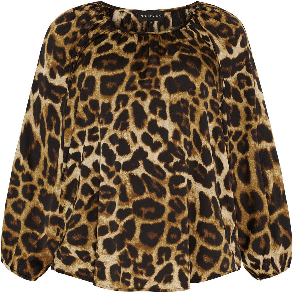 Raglan Blouse w wrinkles mocca brown Leo print - Evolve Fashion