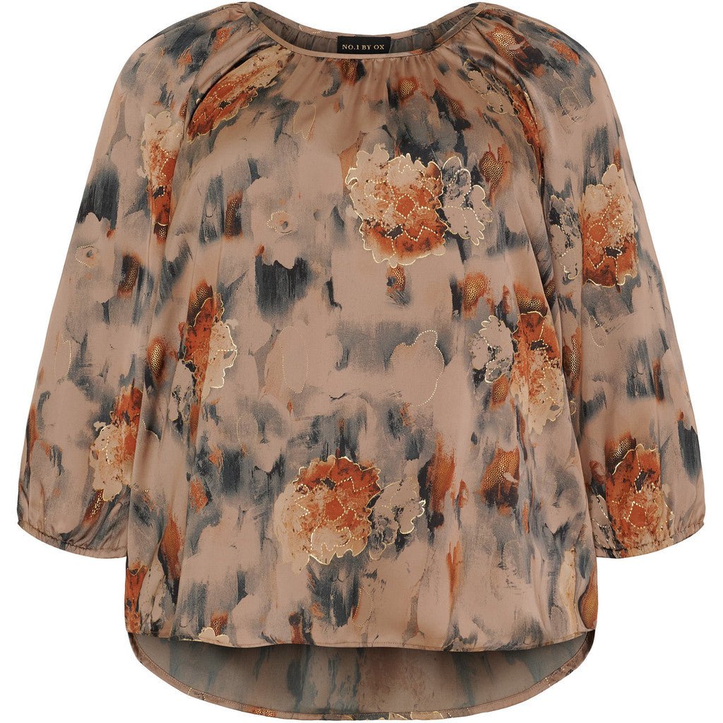 Raglan Blouse w wrinkles warm sand w apricot flowers - Evolve Fashion