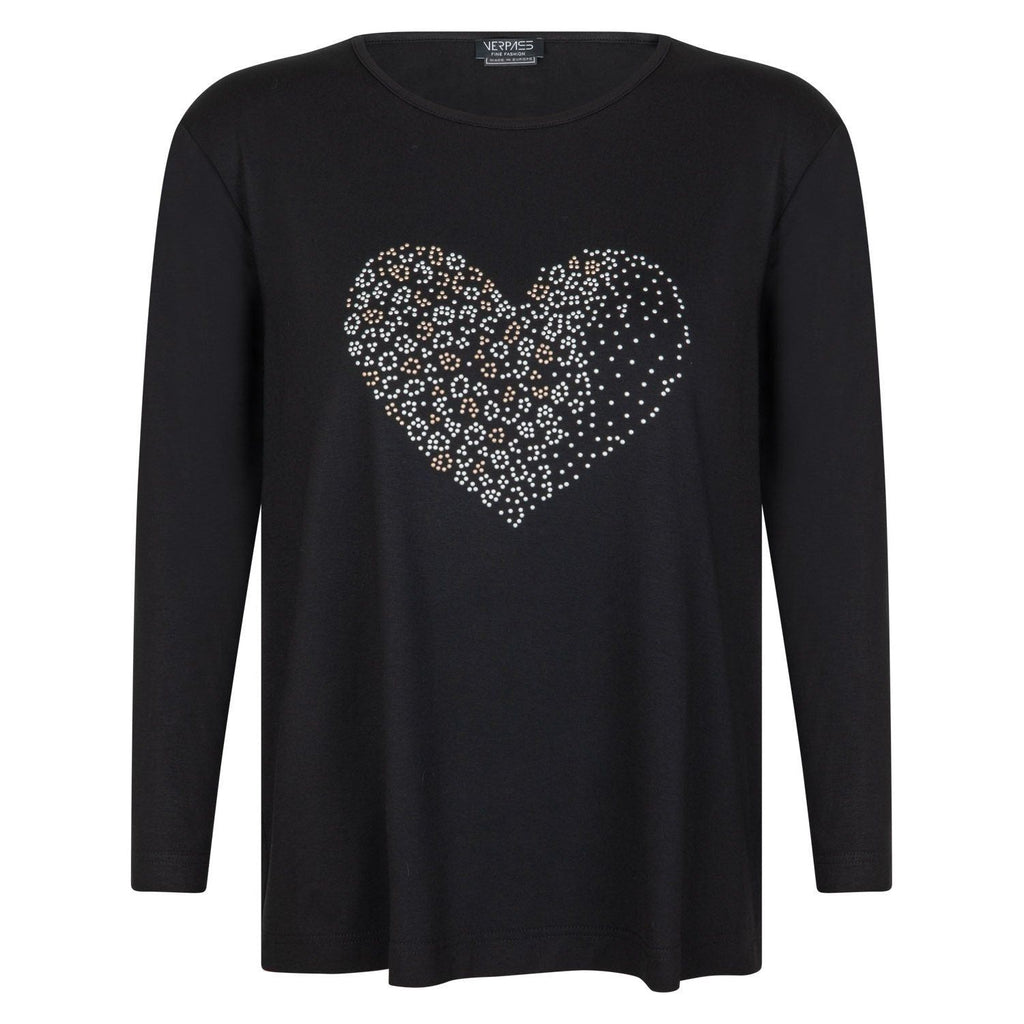 Shirt long sl heart print black - Evolve Fashion