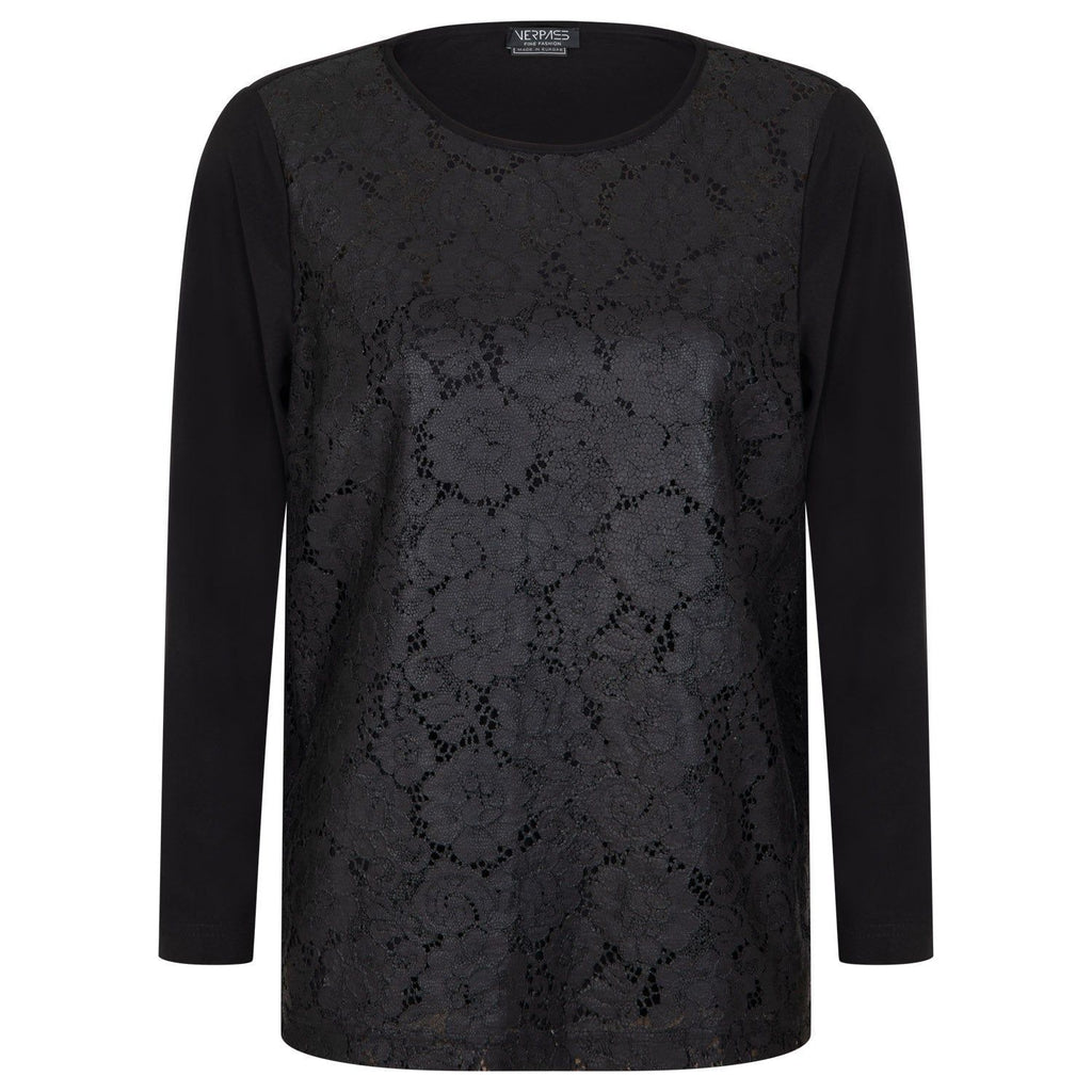 Shirt long sl lace mix black - Evolve Fashion