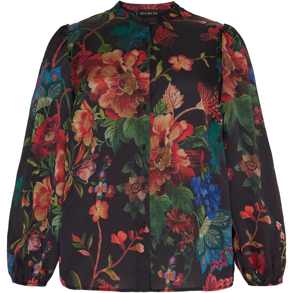 Shirt LS puff sleeves black w flowers - Evolve Fashion