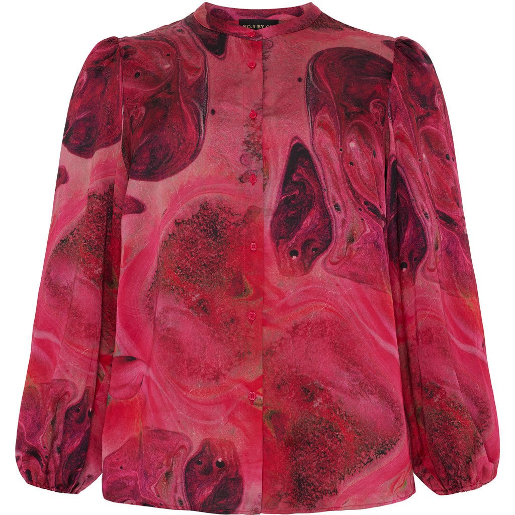Shirt LS puff sleeves Pink red marble - Evolve Fashion