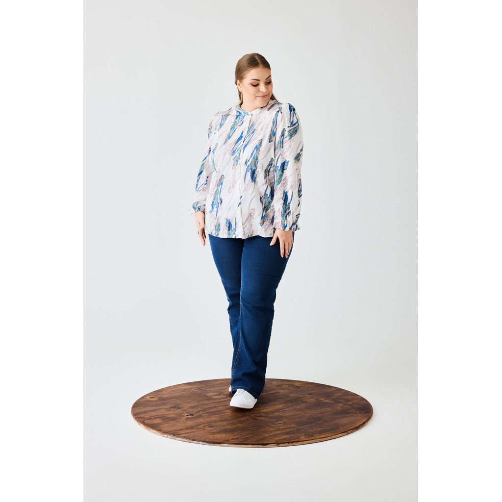 Shirt LS puff sleeves White blue waves - Evolve Fashion