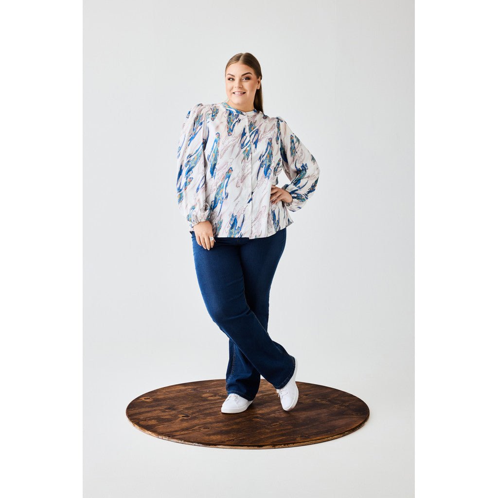 Shirt LS puff sleeves White blue waves - Evolve Fashion