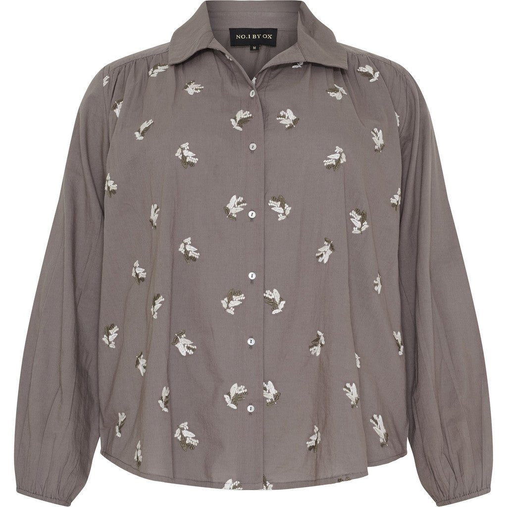 Shirt w embroidery LS taupe - Evolve Fashion