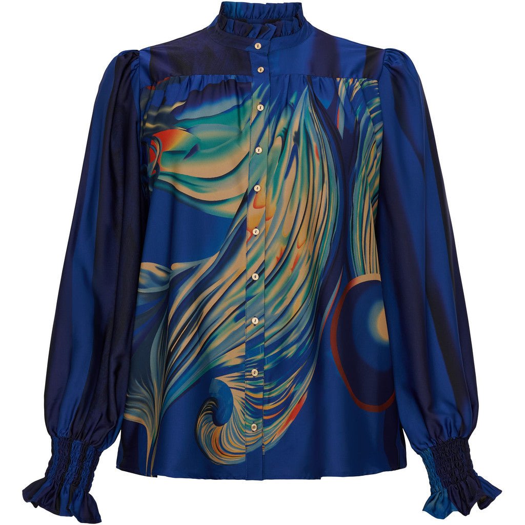 Shirt w flair neckline and LS dark cobalt - Evolve Fashion