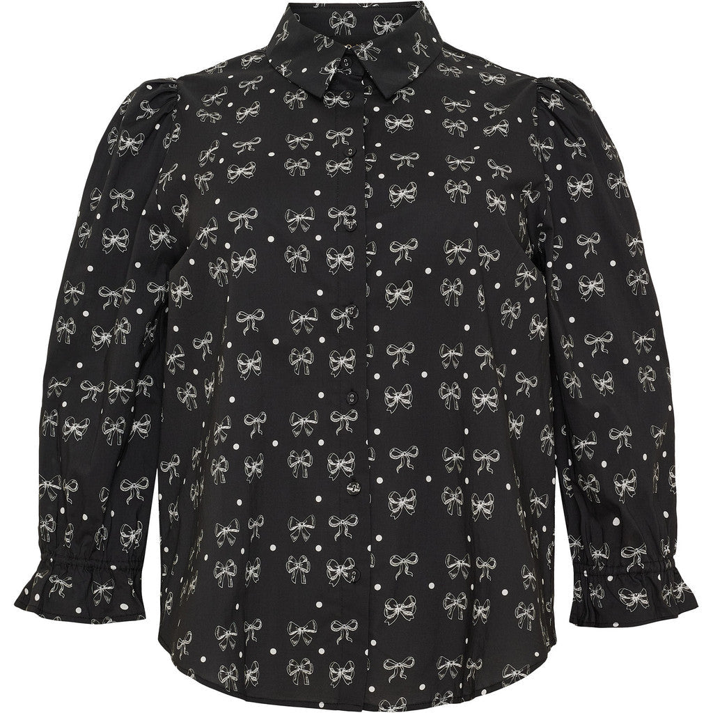 Shirt w puff and 3/4 sleeves bow black - Evolve Fashion