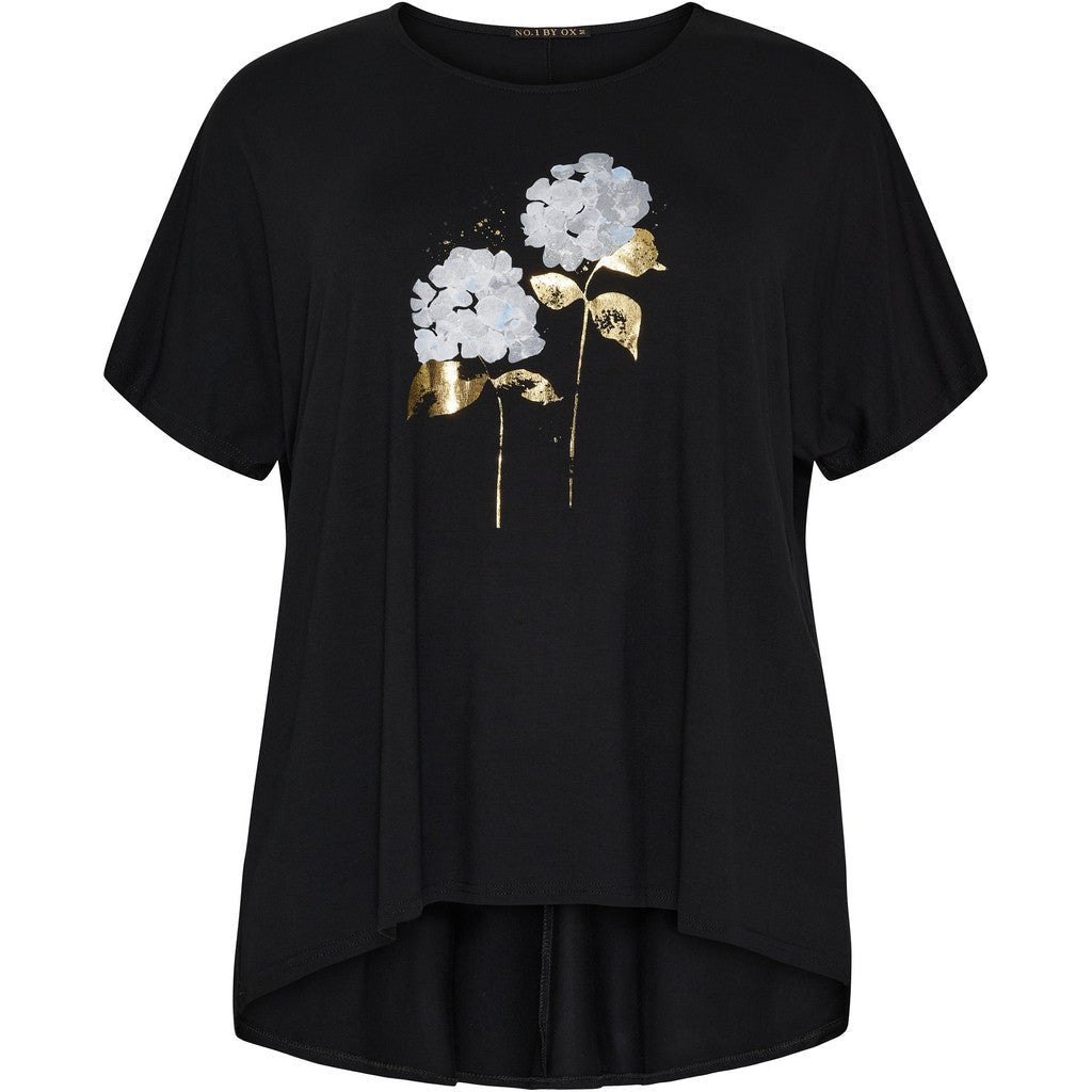 T-shirt high/low w batwing sleeves, Flower gold foil - Evolve Fashion