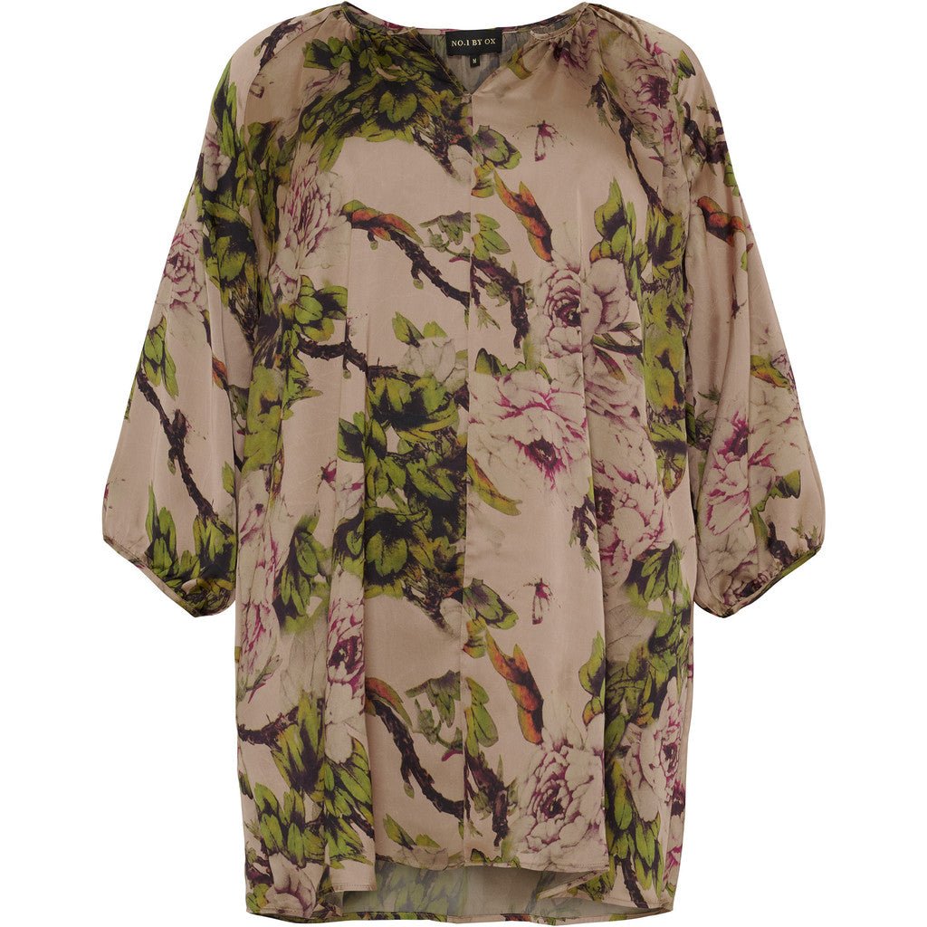 Tunic Dress w 1/2 sl sand w flower bush print - Evolve Fashion