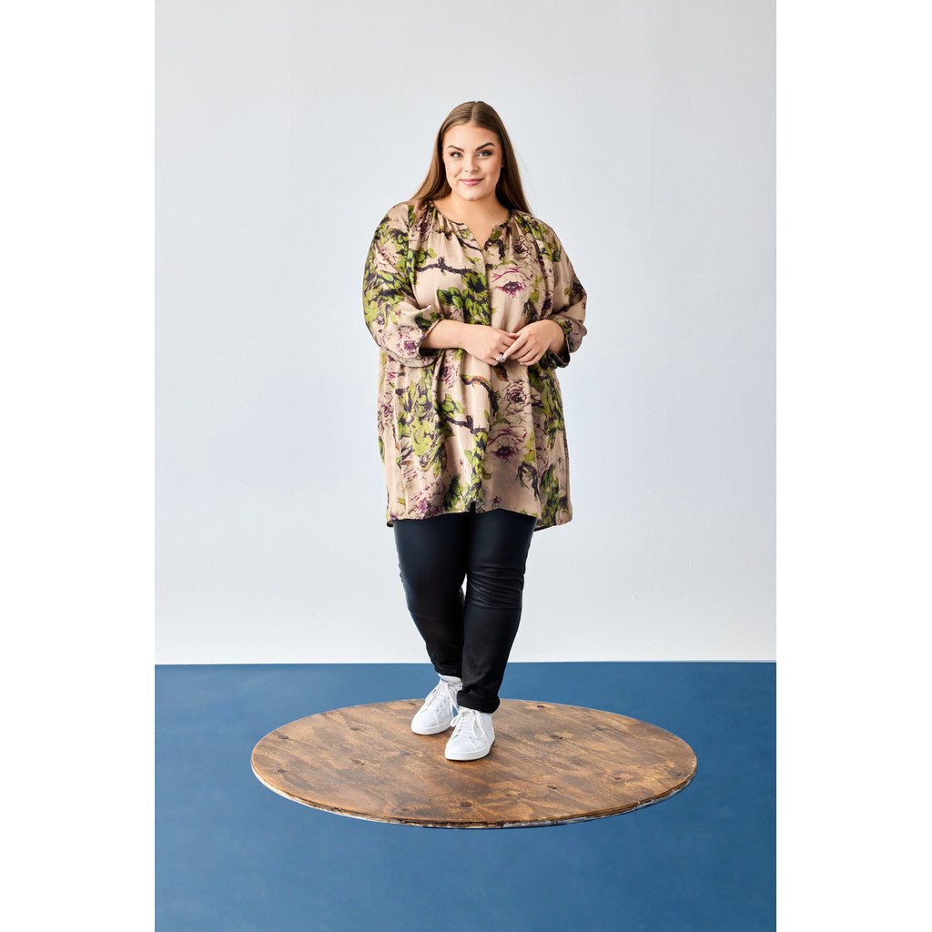 Tunic Dress w 1/2 sl sand w flower bush print - Evolve Fashion