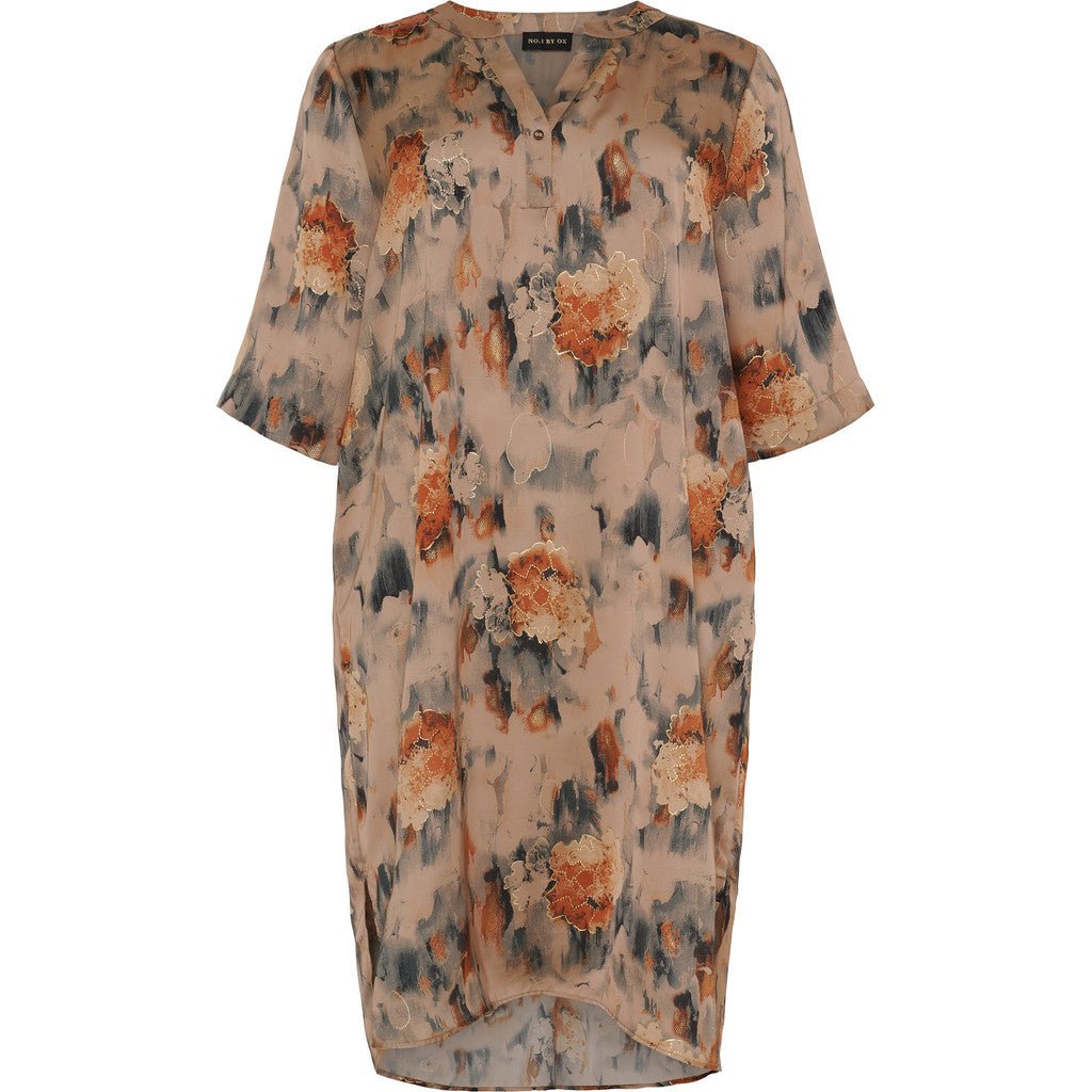 Tunic Dress w pockets Sand w Apricot flowers - Evolve Fashion