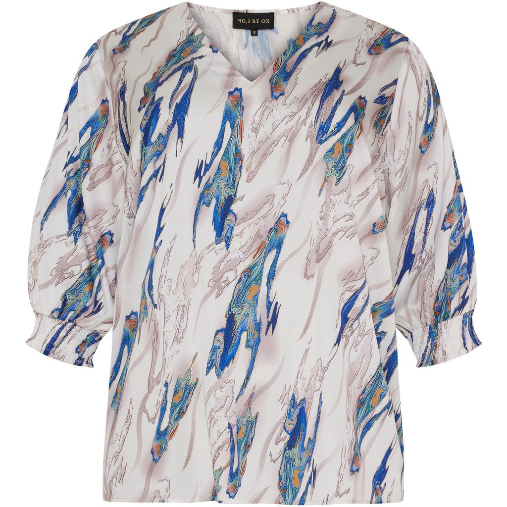 V neck Blouse w 1/2 sl white w blue - Evolve Fashion