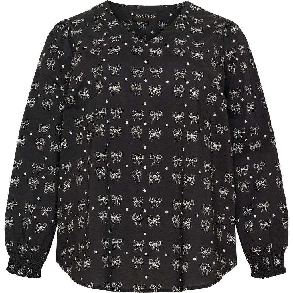 V neck Blouse w LS bow black - Evolve Fashion