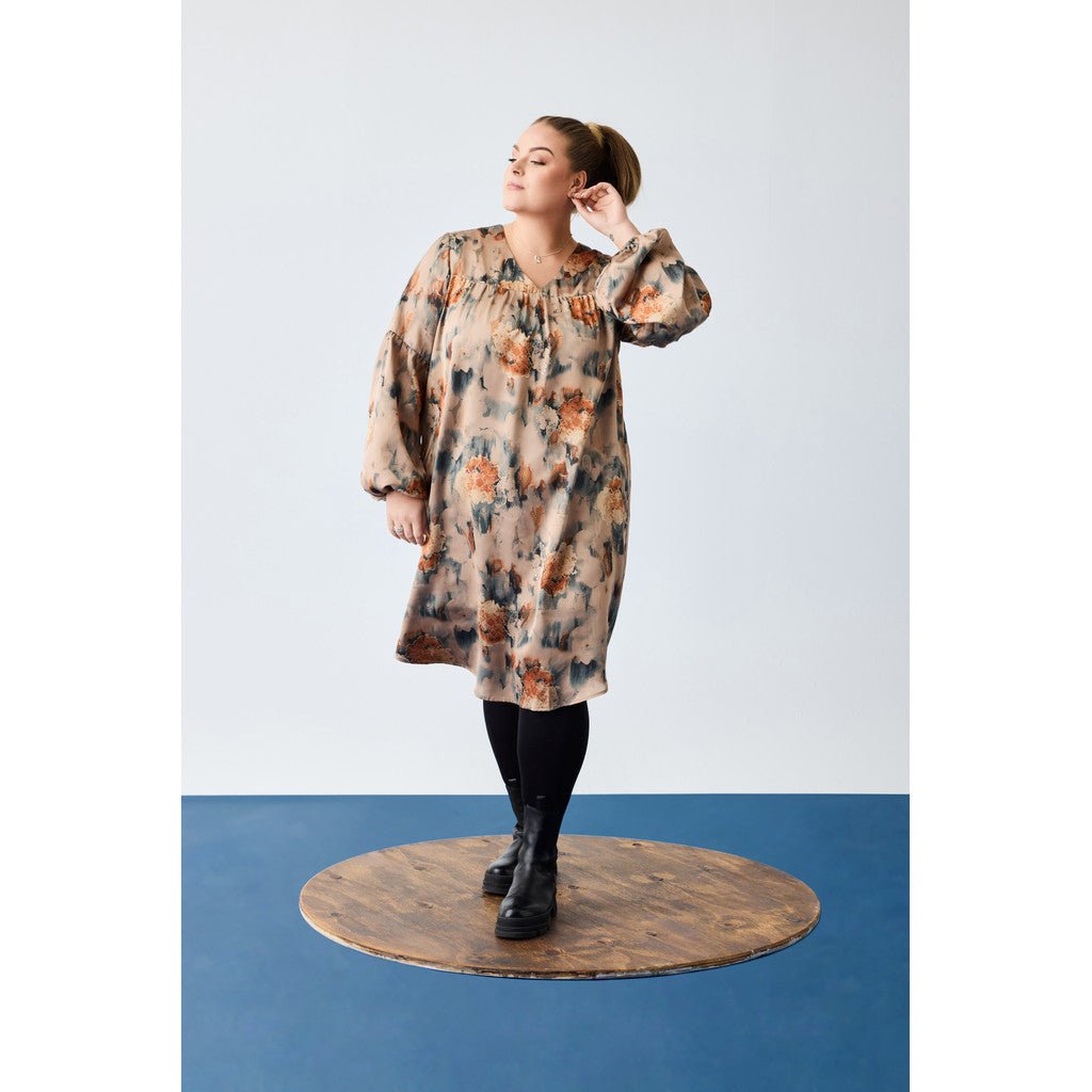 V - neck dress w puff sleeves Sand w Apricot flowers - Evolve Fashion