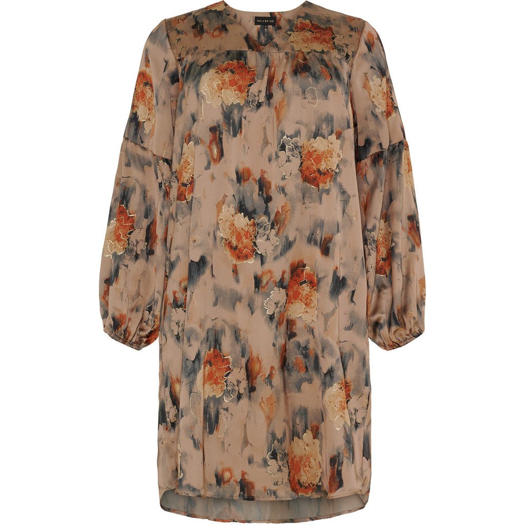 V - neck dress w puff sleeves Sand w Apricot flowers - Evolve Fashion