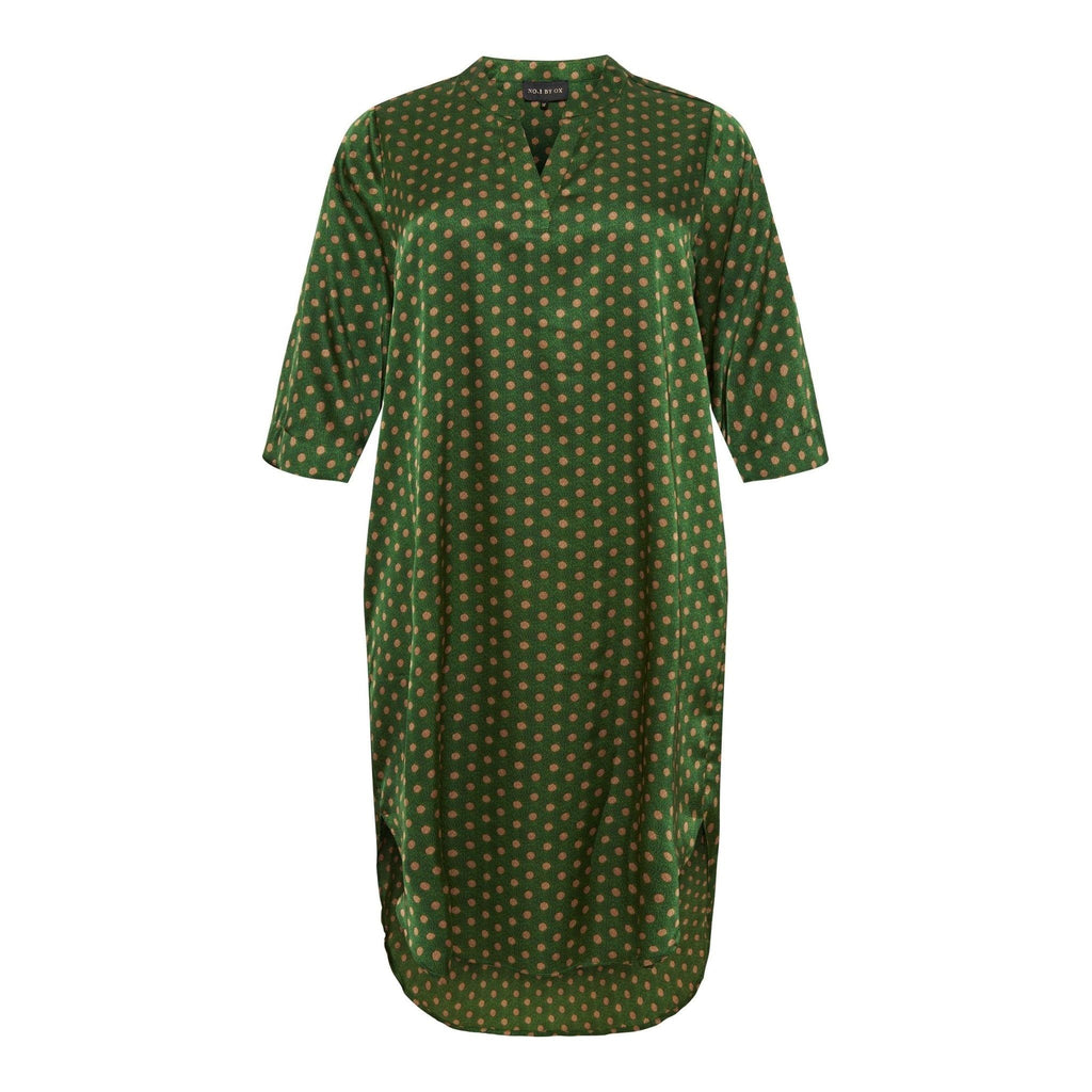 Jurk/tuniek V 3/4m Bottle green/camel dots - Evolve Fashion