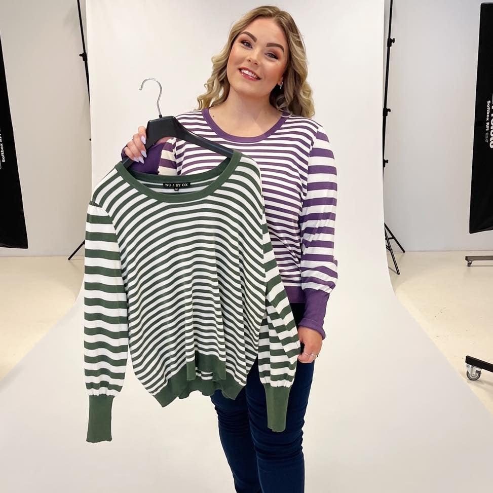 Shirt knit stripes balloon sleeve violet - Evolve Fashion